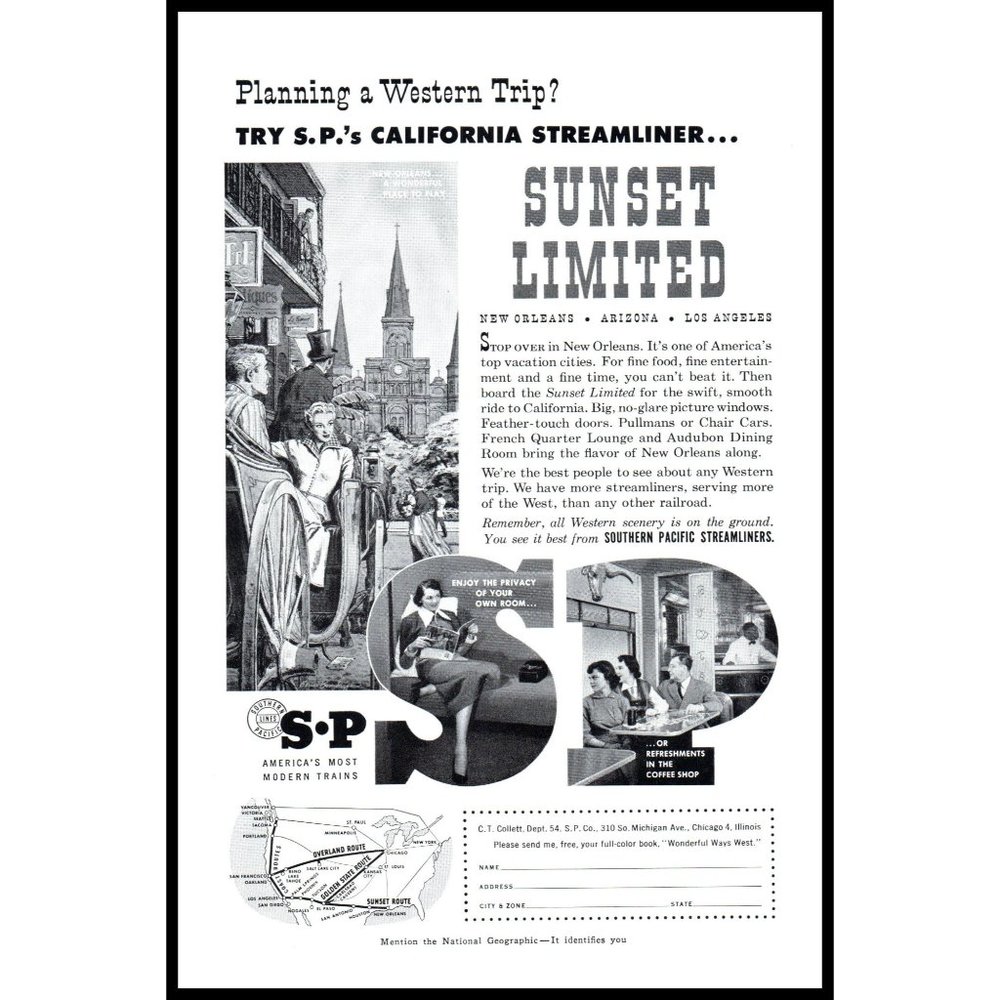 1953 Southern Pacific Lines Sunset Limited Vintage Print Ad New Orleans Wall Art